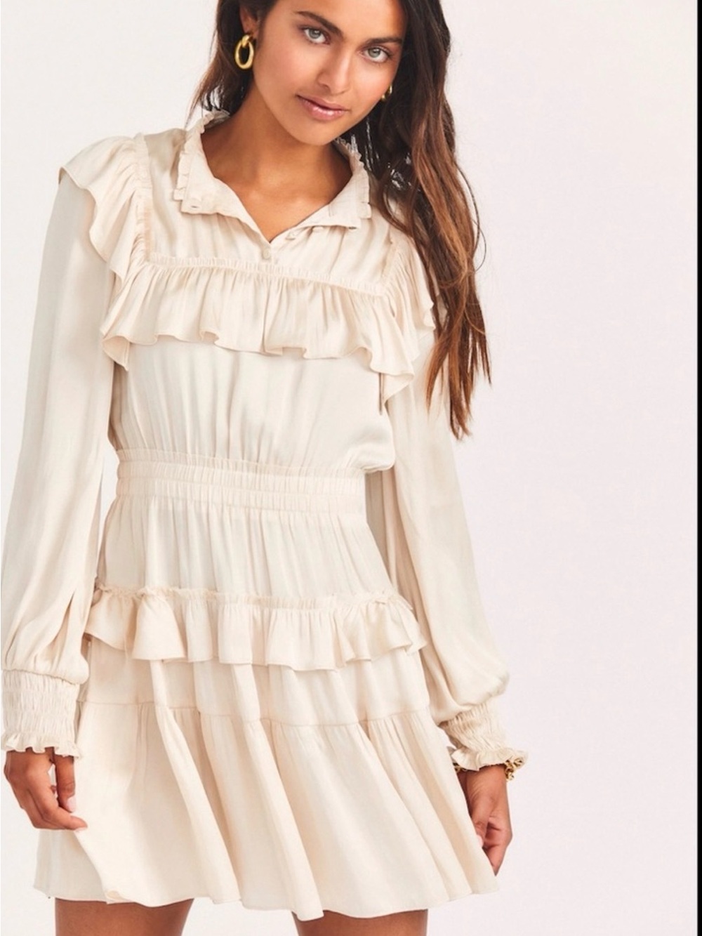 LoveShackFancy Cream Ruffle Smocked Long-Sleeve Mini Dress